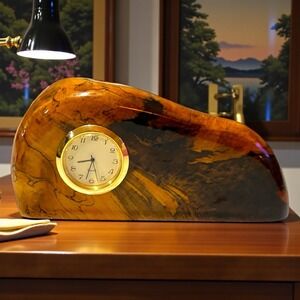 Glen Schaff Signed Burl Wood Desk Clock Handmade Artisan Sculpture Natural Grain